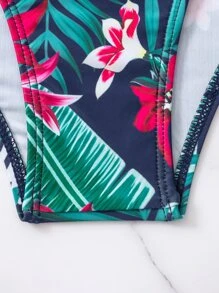 SHEIN Swim 夏季海滩热带印花比基尼套装裹胸聚拢文胸上衣和低腰比基尼下装和和服 3 件套比基尼 - 彩色 - 查看 6