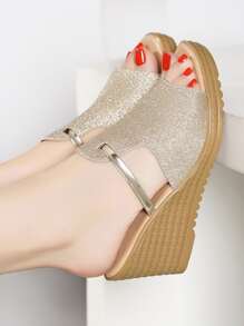 Glitter Cut Out Wedge Slide Sandals - Gold - View 2