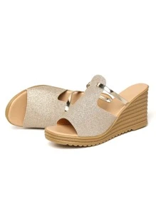 Glitter Cut Out Wedge Slide Sandals - Gold - View 3