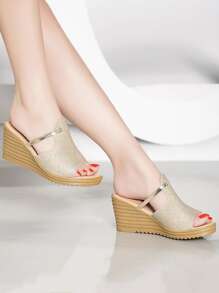 Glitter Cut Out Wedge Slide Sandals - Gold - View 4