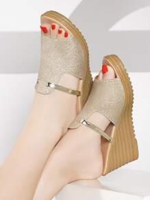 Glitter Cut Out Wedge Slide Sandals - Gold - View 5