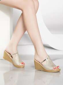 Glitter Cut Out Wedge Slide Sandals - Gold - View 6