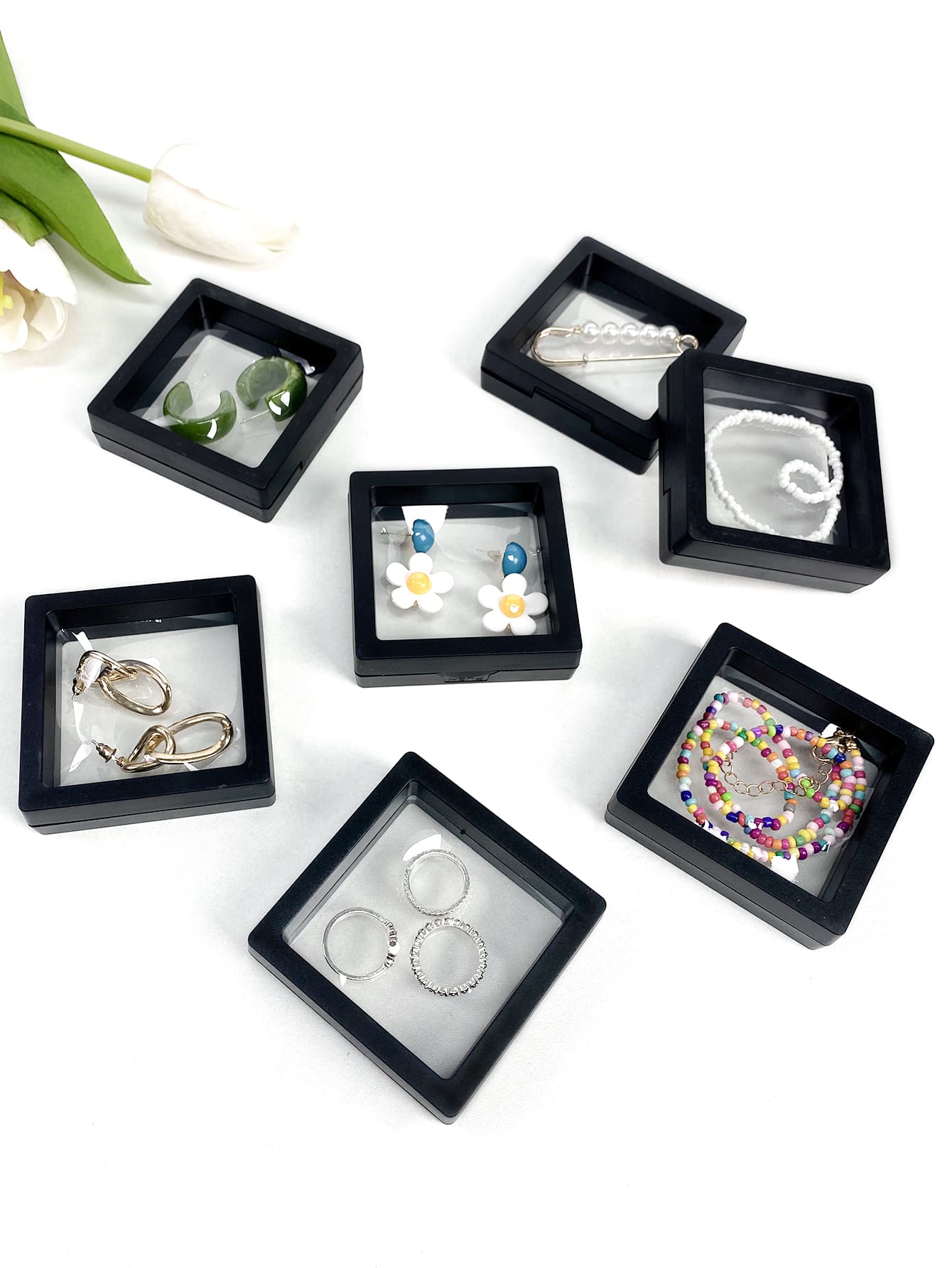 1pc Reusable Plastic Jewelry Box,Daily Clear Square Portable Storage Box For Necklace,Earring - Black - View 1