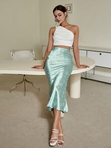 Váy Cao eo Nàng tiên cá Hem Dệt hoa Xa ten - Màu xanh Bạc hà - Xem 5