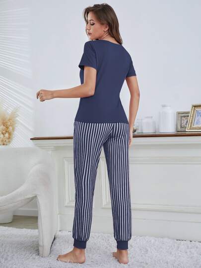 Eyelash Letter Graphic Tee Gestreepte Pants PJ Set Pajama Holiday Season view 2