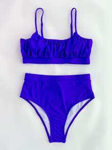 SHEIN Swim 夏季海滩单色比基尼套装褶皱胸围吊带上衣和高腰下装 2 件套比基尼 - 寶藍色 - 查看 3