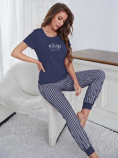 Eyelash Letter Graphic Tee Gestreepte Pants PJ Set Pajama Holiday Season view 4