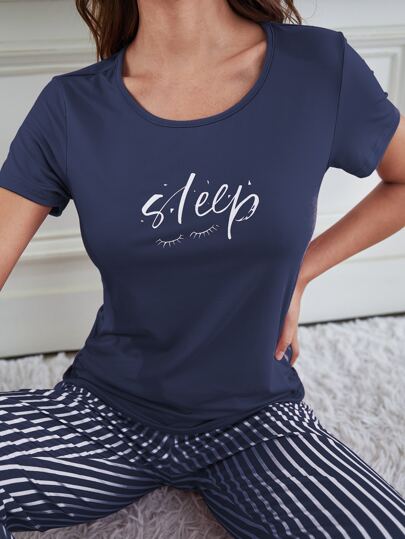 Eyelash Letter Graphic Tee Gestreepte Pants PJ Set Pajama Holiday Season view 6