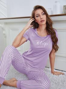 Eyelash & Letter Graphic Tee & Striped Trousers PJ Set - Lilac Purple - View 4