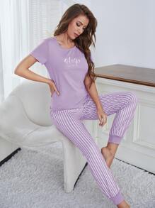 Eyelash & Letter Graphic Tee & Striped Trousers PJ Set - Lilac Purple - View 5