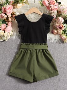 SHEIN Niñas Camiseta de manga con volante de cuello de muesca & Shorts de cintura con volante con cinturón - Multicolor - Ver 2