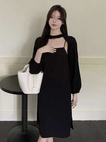 Gaun Cami Polos Tanpa Atasan Shrug - Hitam - View 3