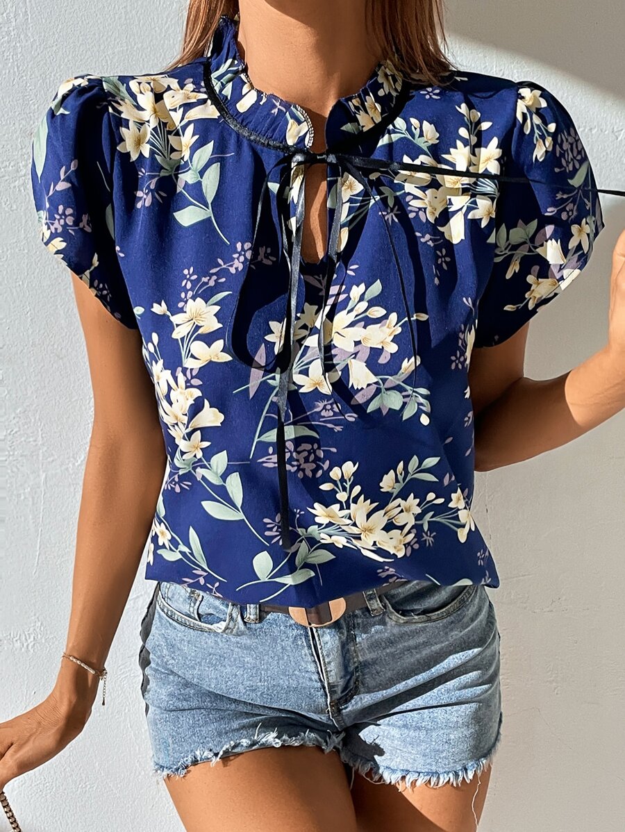 SHEIN Clasi Floral Print Frill Tie Neck Blouse - Navy Blue - View 1