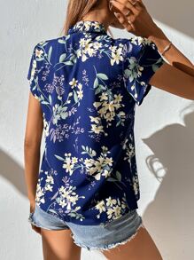SHEIN Clasi Floral Print Frill Tie Neck Blouse - Navy Blue - View 2