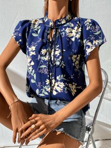 SHEIN Clasi Floral Print Frill Tie Neck Blouse - Navy Blue - View 3