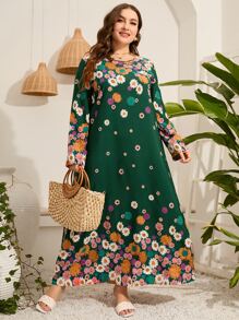 Seusyu 大碼印花直筒連衣裙 - 綠色 - 查看 1