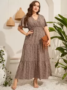 Mulvari Vestido con estampado de manga mariposa bajo con fruncido - Caqui - Ver 1