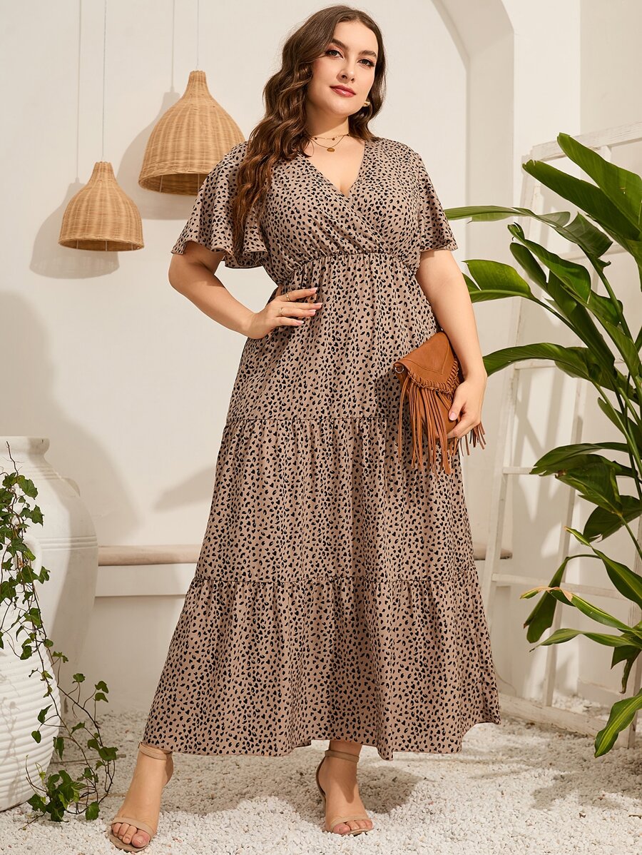 Mulvari Vestido con estampado de manga mariposa bajo con fruncido - Caqui - Ver 1