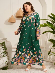 Seusyu 大碼印花直筒連衣裙 - 綠色 - 查看 3