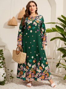 Seusyu 大碼印花直筒連衣裙 - 綠色 - 查看 5