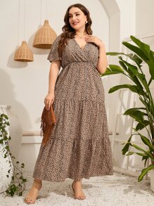 Mulvari Vestido con estampado de manga mariposa bajo con fruncido - Caqui - Ver 4