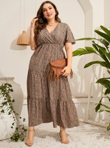 Mulvari Vestido con estampado de manga mariposa bajo con fruncido - Caqui - Ver 5