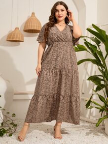 Mulvari Vestido con estampado de manga mariposa bajo con fruncido - Caqui - Ver 6