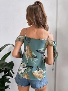 SHEIN VCAY 熱帶圖案挖肩打結袖口襯衫 - 綠色 - 查看 2