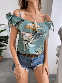 SHEIN VCAY 熱帶圖案挖肩打結袖口襯衫 - 綠色 - 查看 3