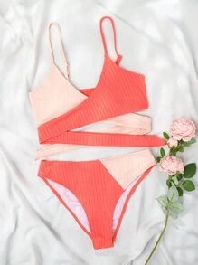 Bikini envolvente de bloques de color acanalado, para vacaciones de verano en la playa - Rosa Oxidada - Ver 3