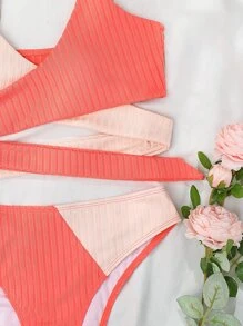 Bikini envolvente de bloques de color acanalado, para vacaciones de verano en la playa - Rosa Oxidada - Ver 4