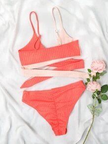 Bikini envolvente de bloques de color acanalado, para vacaciones de verano en la playa - Rosa Oxidada - Ver 5