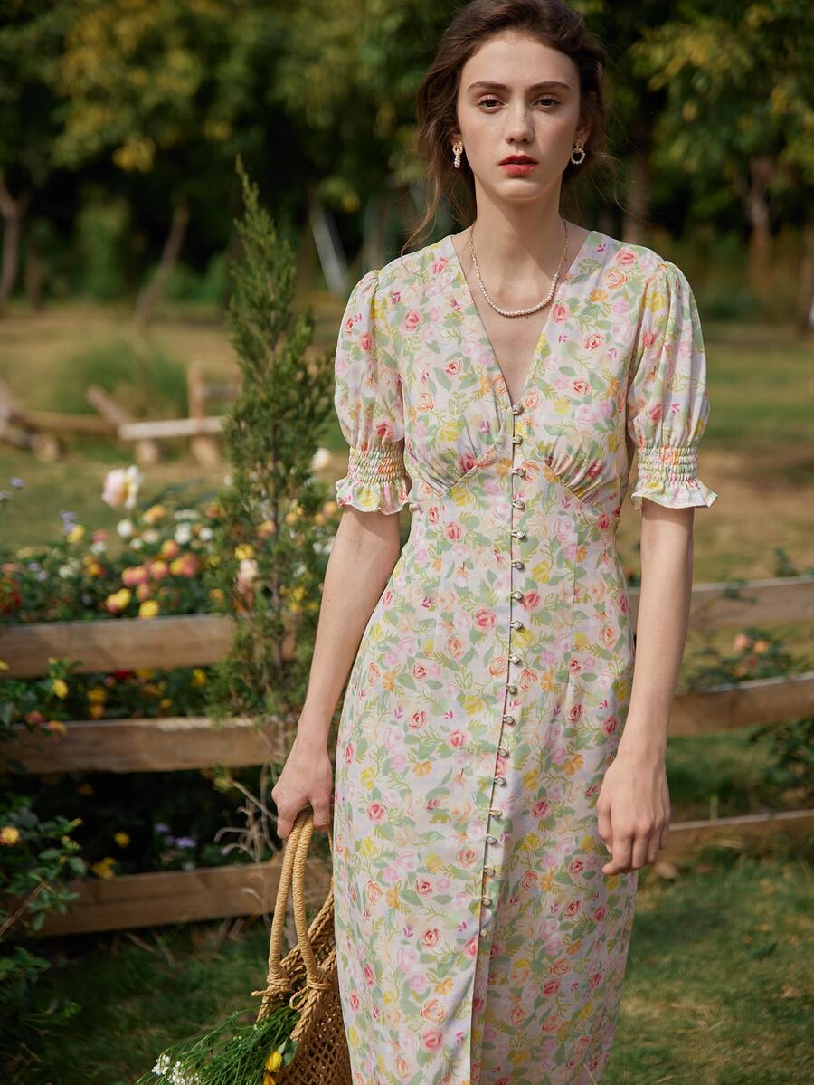 Simple Retro Vestido con estampado floral de manga farol - Multicolor - Ver 1