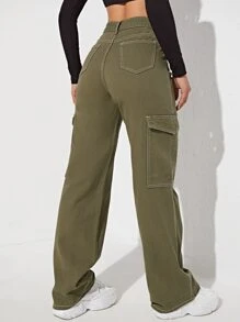 SHEIN EZwear Jeans con bolsillo lateral de cintura alta - Verde militar - Ver 2