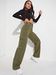 SHEIN EZwear Jeans con bolsillo lateral de cintura alta - Verde militar - Ver 4
