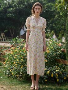 Simple Retro 滿版印花泡泡袖洋裝 - 彩色 - 查看 6