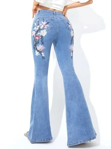 Floral Embroidery Flare Leg Jeans - Light Wash - View 7