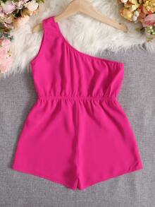 SHEIN Girls One Shoulder Solid Romper - Hot Pink - View 2