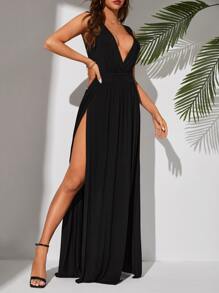 SHEIN Tall Plunge Neck Split Thigh Dress - Black - View 4