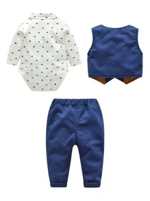 Mùa Xuân Và Mùa Thu Mới Váy Bé Trai Phù Hợp Với Quý Ông Mặc Có Thắt Nơ Bộ 3 Món Cho Bé Một Tuổi - Xanh và trắng - Xem 2