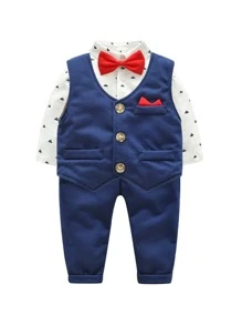 Mùa Xuân Và Mùa Thu Mới Váy Bé Trai Phù Hợp Với Quý Ông Mặc Có Thắt Nơ Bộ 3 Món Cho Bé Một Tuổi - Xanh và trắng - Xem 3