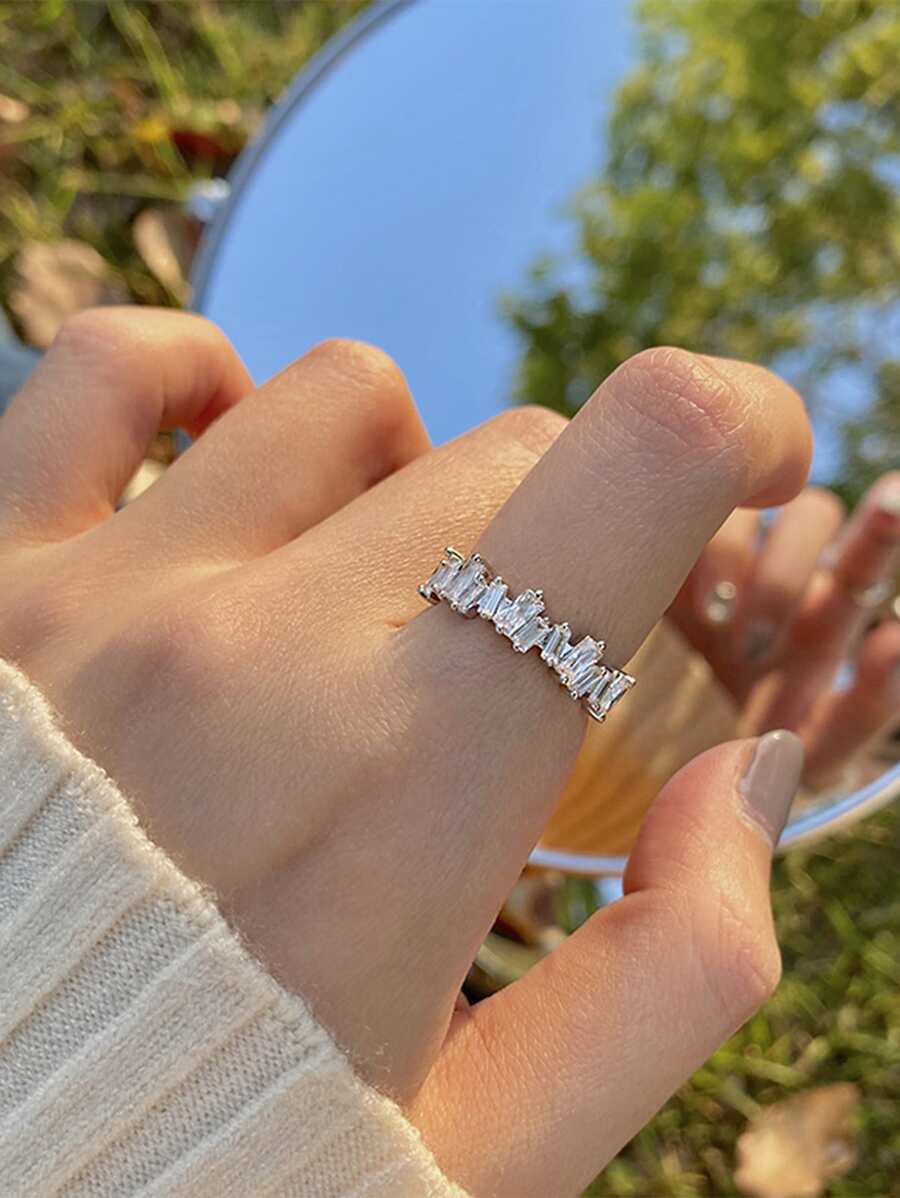 Nooxian 1入組魅力四射方晶鋯石裝飾開口戒指適合女士日常裝飾 - 銀色 - 查看 1