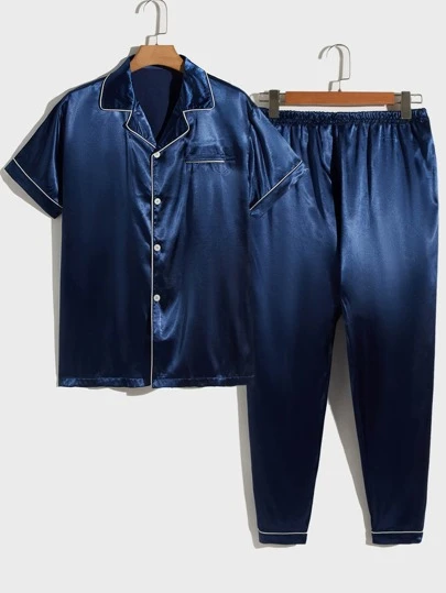 男士撞色滚边缎面睡衣套装 / 睡衣套装