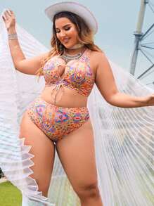 Swim EVENT Plus Kích Thước Mandala In Bikini Bộ Dây Rút Trước Bể & Cao Cấp Đáy 2 Mảnh Rave Bikini Đi Biển Mùa Hè - Nhiều màu - Xem 1