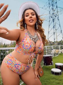 Swim EVENT Plus Kích Thước Mandala In Bikini Bộ Dây Rút Trước Bể & Cao Cấp Đáy 2 Mảnh Rave Bikini Đi Biển Mùa Hè - Nhiều màu - Xem 6