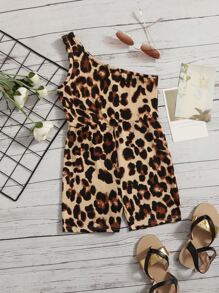 SHEIN Young Girl Leopard Print One Shoulder Romper - Multicolor - View 1