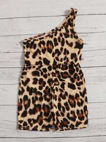 SHEIN Young Girl Leopard Print One Shoulder Romper - Multicolor - View 2