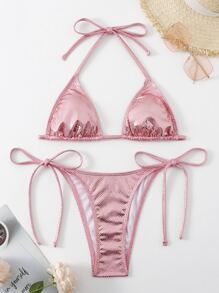 Bikini metalizado de triángulo con lazo lateral - Rosa - Ver 3