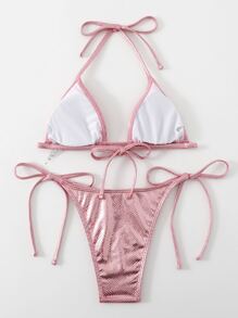 Bikini metalizado de triángulo con lazo lateral - Rosa - Ver 2