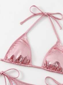 Bikini metalizado de triángulo con lazo lateral - Rosa - Ver 4